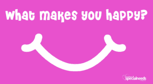 A pink background with the text "what makes you happy?" above a large white smiling mouth.